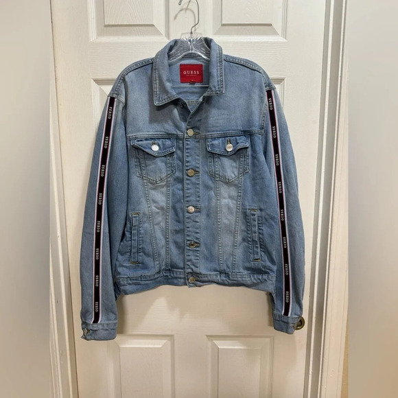 Guess Women’s Size Large Boyfriend Denim Jean Jacket With Logo Stripe Sleeves - Picture 1 of 8